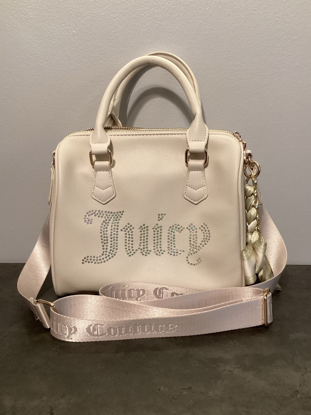 Juicy Couture Pearl Cream Satchel with Branded Satin Charm